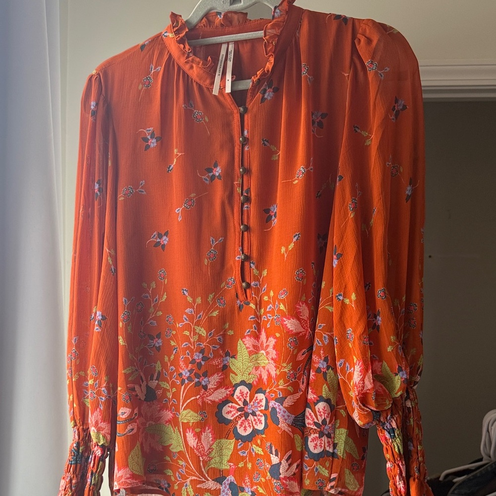 Anthropologie Orange Floral Blouse